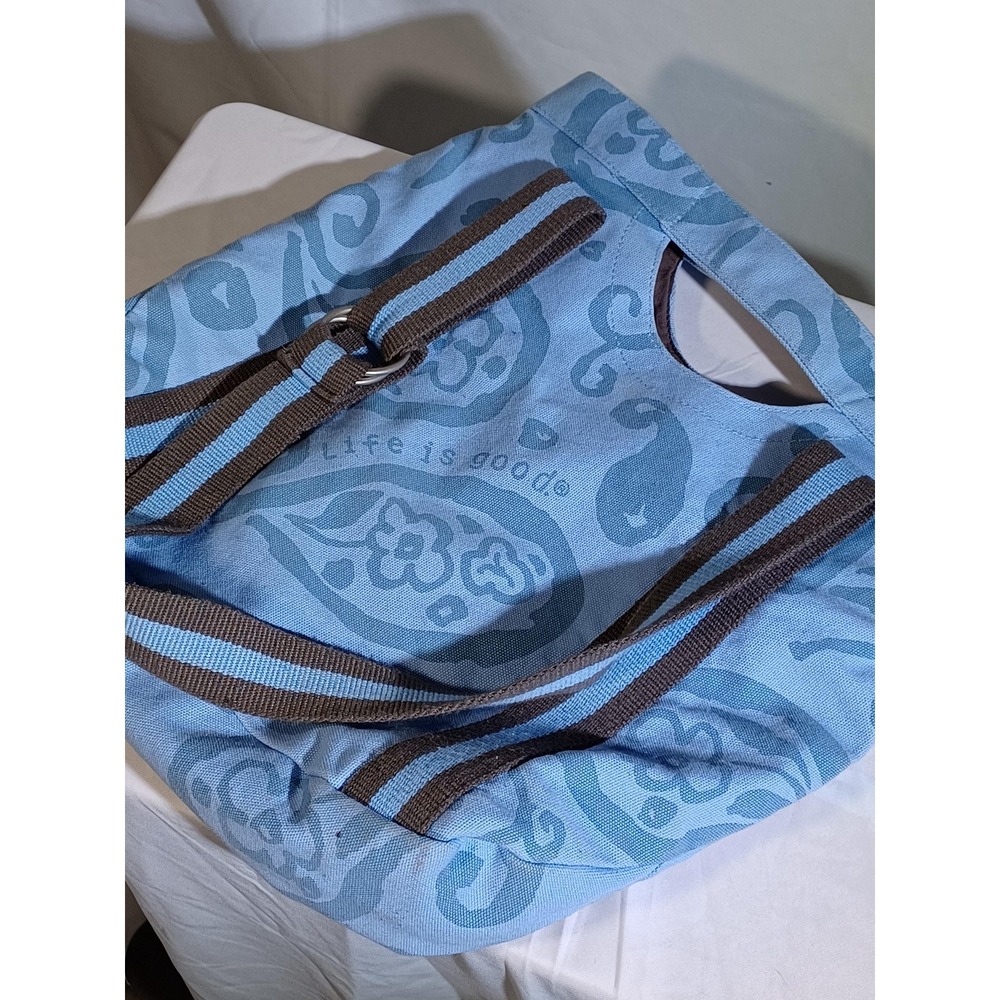 Life Is Good Tote Bag Womens Large Blue Paisley Canvas Brown Strap Lined Casual‎